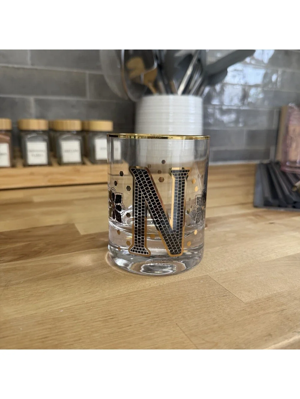 Anthropologie Bistro Tile Monogram Glass Tumbler Gold Rim Initial “N”Old Fashion